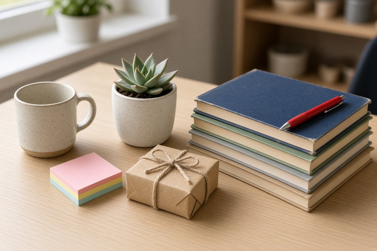 Kleine Wichtelgeschenke für Lehrer auf einem aufgeräumten Lehrerschreibtisch im Lehrerzimmer