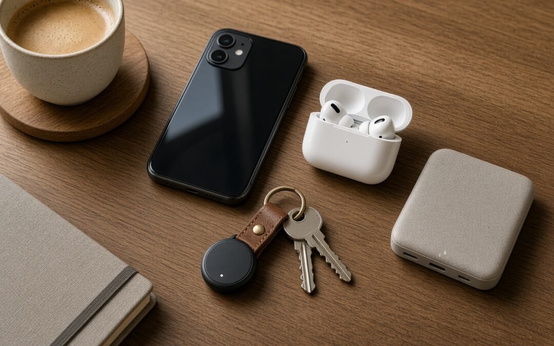 Technik Geschenke für Männer: Bluetooth-Tracker am Schlüsselbund, Smartphone, Earbuds und Powerbank auf einem Holzschreibtisch