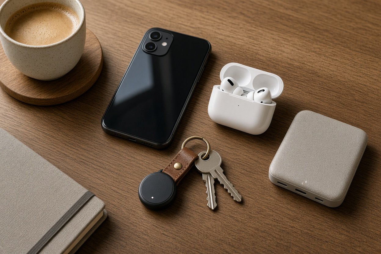 Technik Geschenke für Männer: Bluetooth-Tracker am Schlüsselbund, Smartphone, Earbuds und Powerbank auf einem Holzschreibtisch
