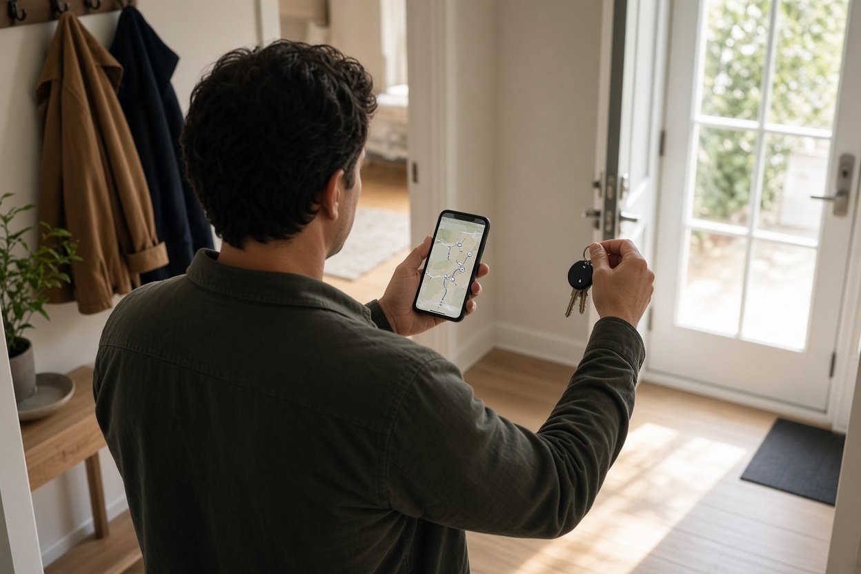 Mann sucht im Flur seinen Schlüssel mit Bluetooth-Tracker und prüft dabei sein Smartphone