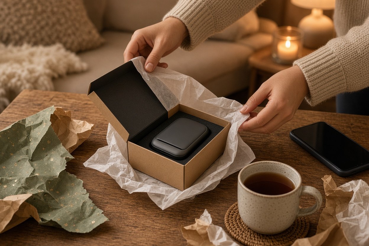 Hände packen ein kleines Technik-Geschenk auf einem Wohnzimmertisch aus