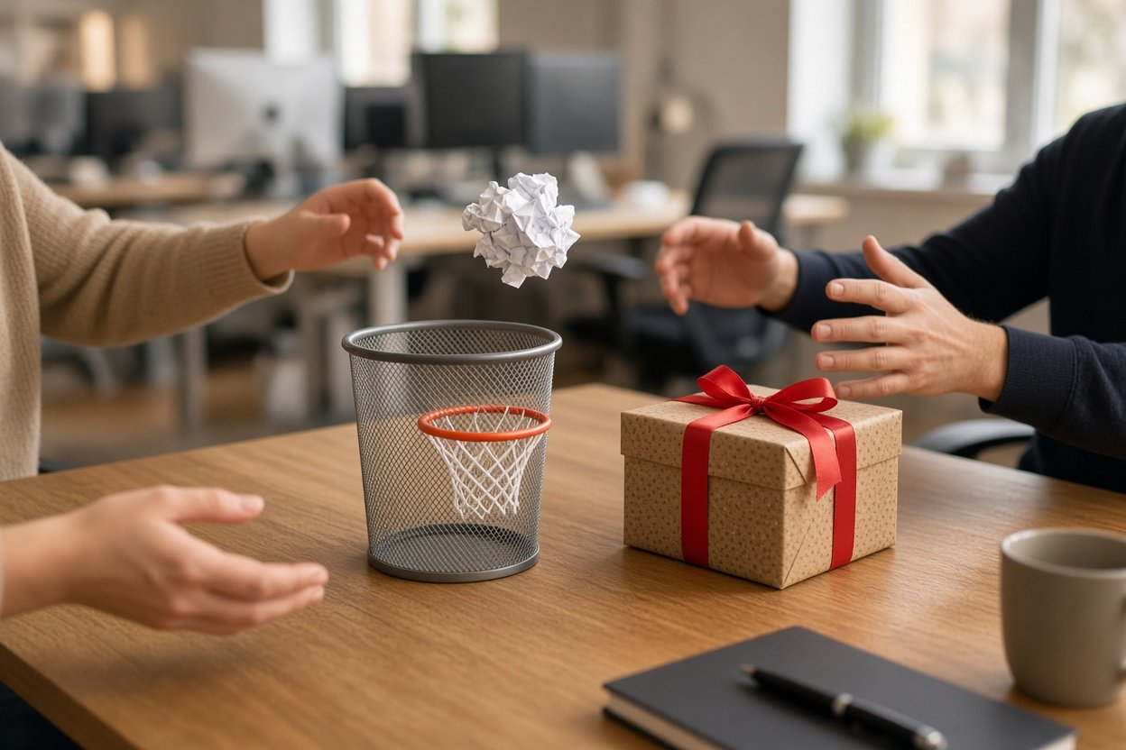 Lustiges Büro-Wichtelgeschenk: Mini-Basketball-Papierkorb auf einem Schreibtisch im Großraumbüro mit weihnachtlicher Deko