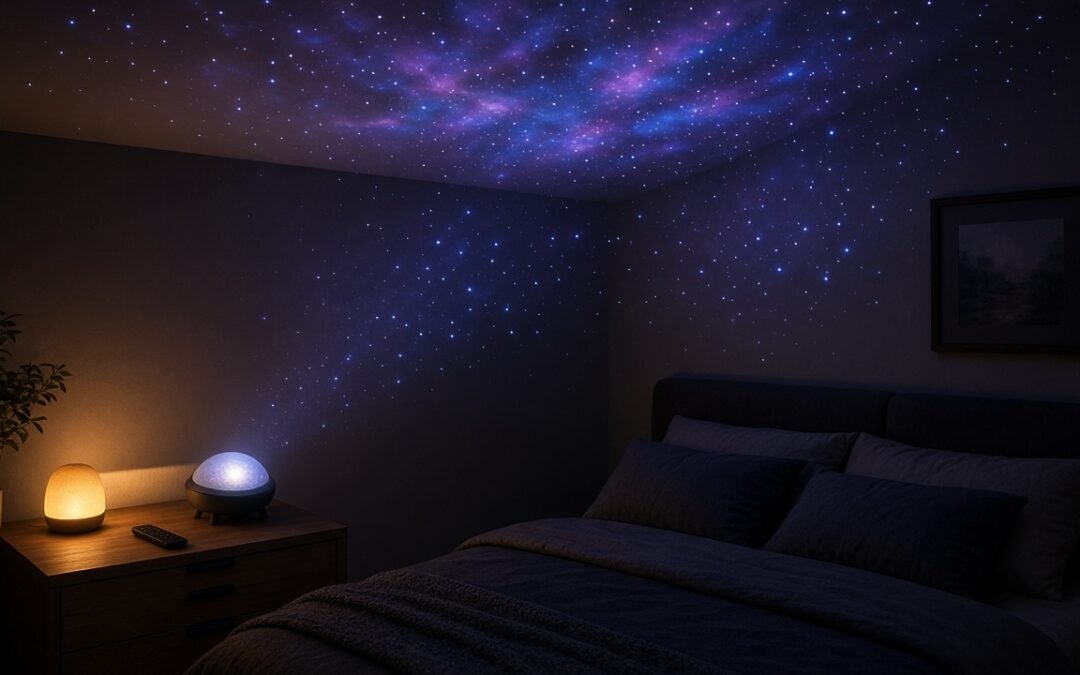 Sternenhimmel-Projektor wirft Sterne und Nebel an die Zimmerdecke eines gemütlichen Schlafzimmers