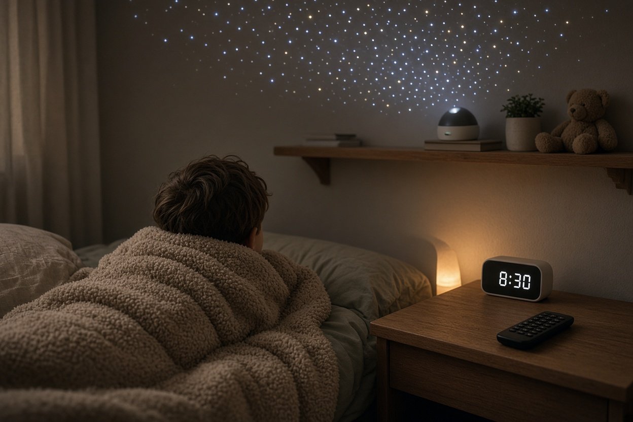 Kind liegt im Bett und schaut auf den projizierten Sternenhimmel an der Decke als Einschlafhilfe