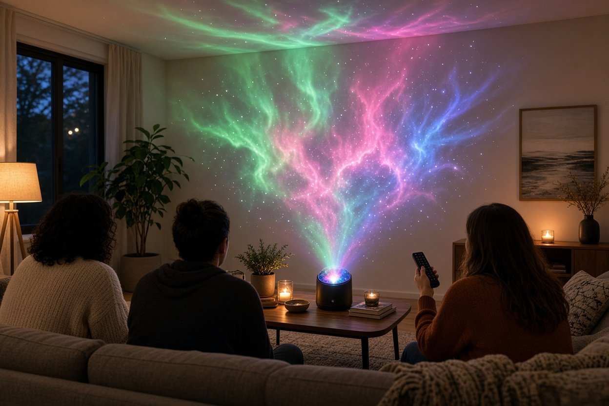 Galaxie-Projektor erzeugt bunte Aurora-Effekte im Wohnzimmer, Fernbedienung wechselt die Farben
