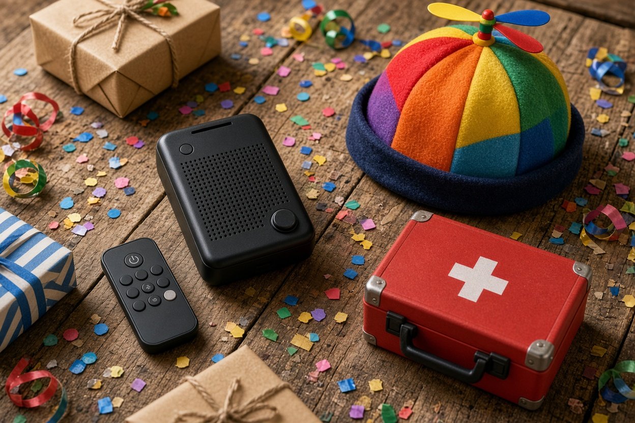 Drei absurde Geschenke für Wichteln und Partys: Soundmaschine, Propeller-Mütze und Spaß-Sanikasten auf einem Partytisch