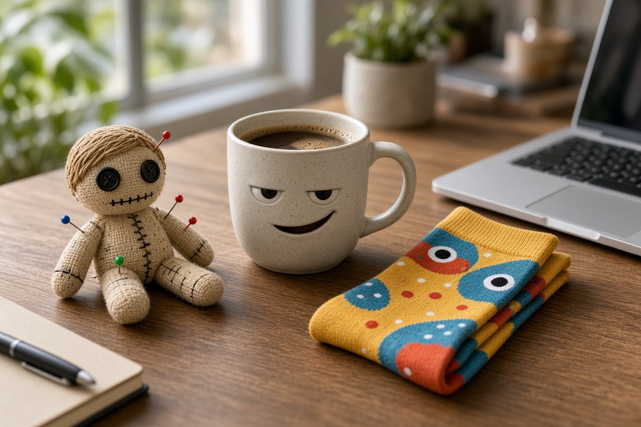 Drei witzige Geschenke für Kollegen auf einem Büroschreibtisch: Voodoo-Puppe, freche Tasse und bunte Socken