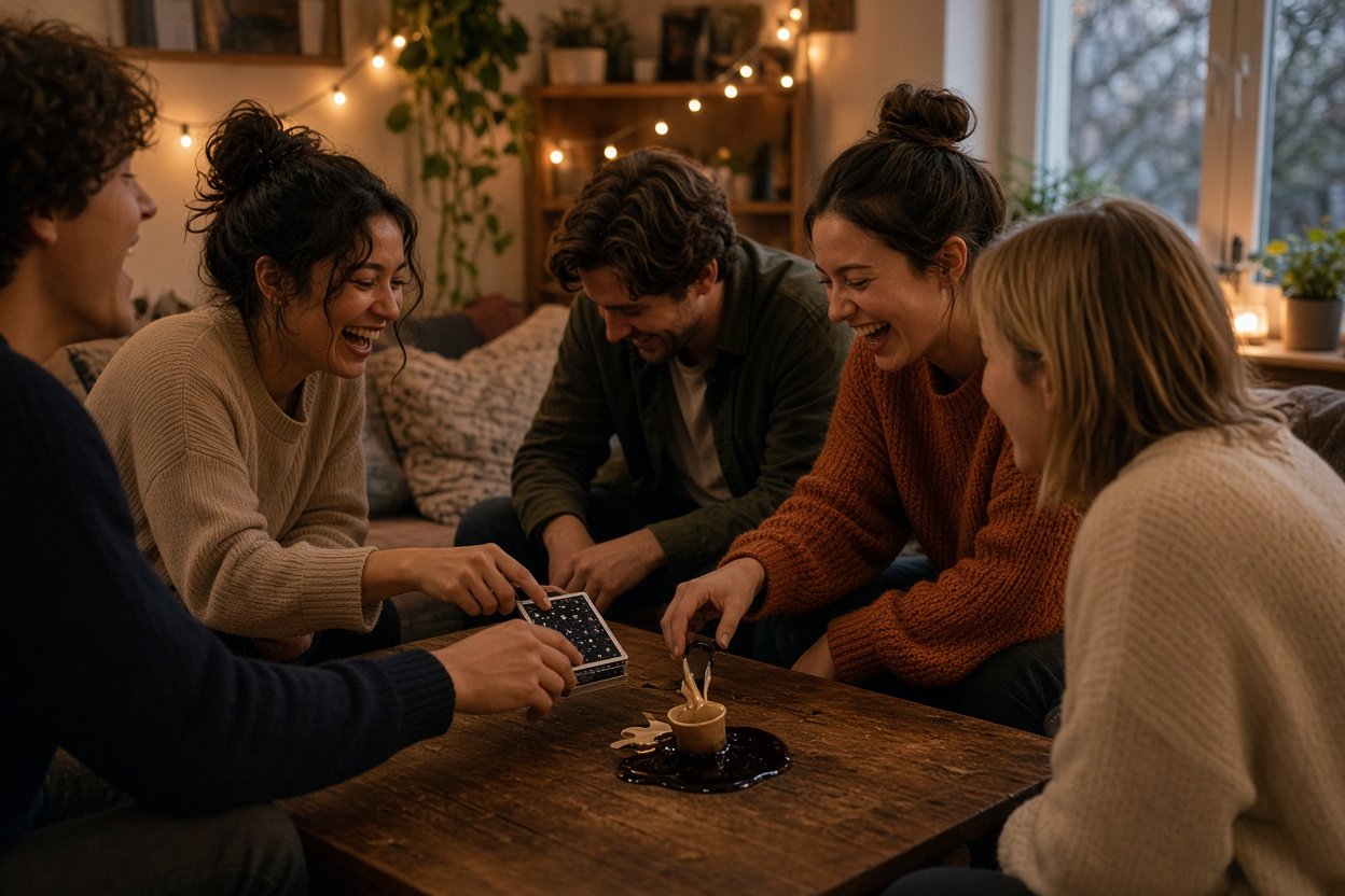 Freunde lachen auf einer Party über harmlose Scherzartikel auf dem Wohnzimmertisch