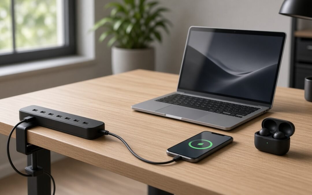 Aufgeräumter Schreibtisch mit Tischsteckdose mit USB-C, an der Laptop, Smartphone und Kopfhörer geladen werden