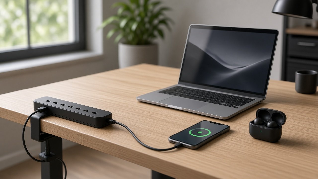 Aufgeräumter Schreibtisch mit Tischsteckdose mit USB-C, an der Laptop, Smartphone und Kopfhörer geladen werden