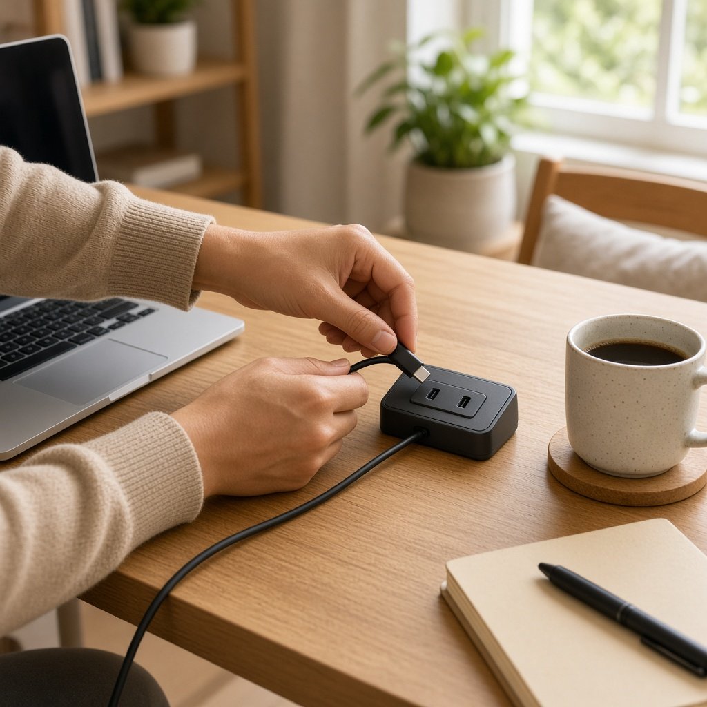Hände stecken ein USB-C-Kabel in eine Tischsteckdose auf einem Holzschreibtisch im Homeoffice