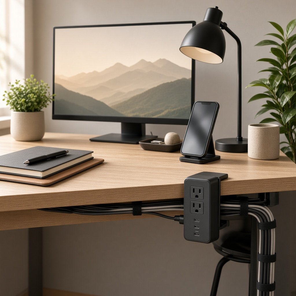 Ordentlich verlegte Kabel an einer Tischsteckdose mit USB-C neben Monitor und Schreibtischlampe