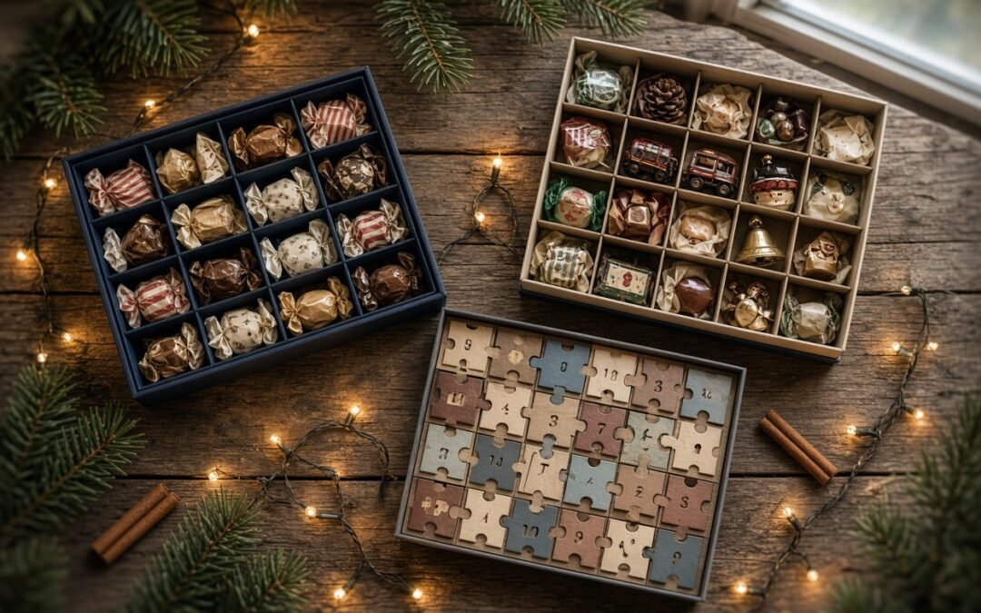 Drei Adventskalender für Erwachsene im Vergleich: Retro-Süßigkeiten, Ostalgie-Box und Rätsel-Kalender auf einem Holztisch