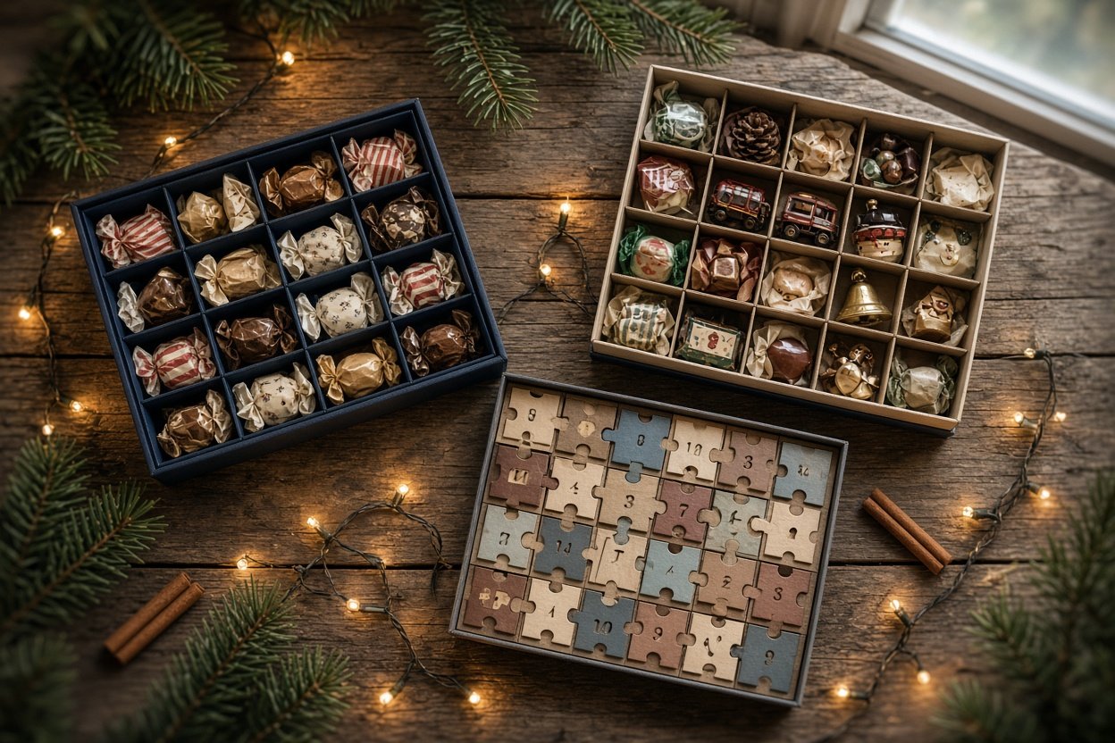 Drei Adventskalender für Erwachsene im Vergleich: Retro-Süßigkeiten, Ostalgie-Box und Rätsel-Kalender auf einem Holztisch