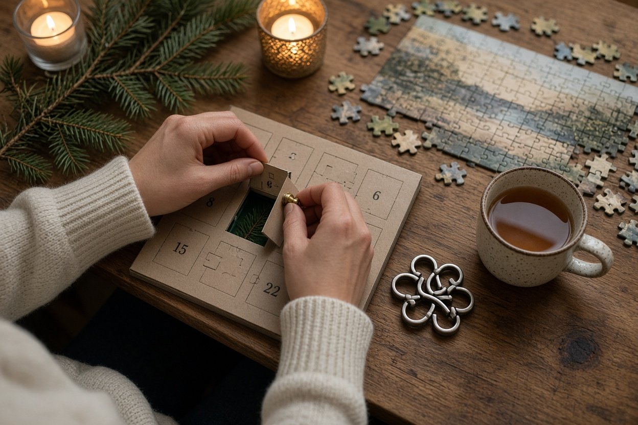 Hände öffnen ein Türchen eines Rätsel-Adventskalenders für Erwachsene neben einer Tasse Tee
