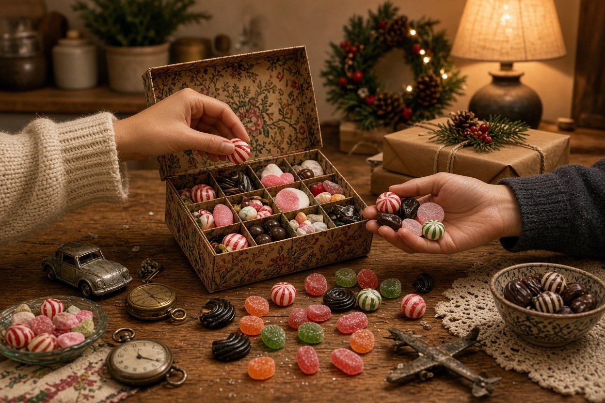 Zwei Personen teilen Retro-Süßigkeiten aus einem Ostalgie-Adventskalender am Küchentisch