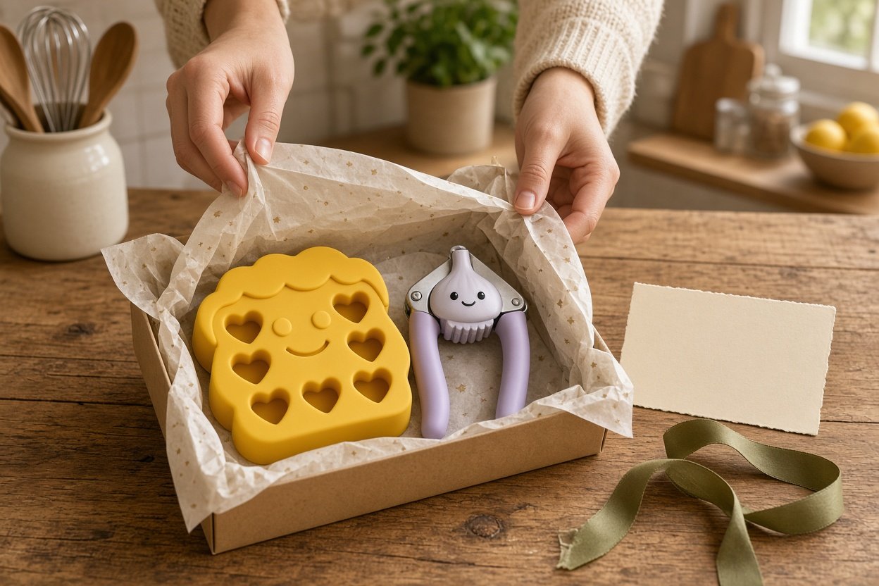 Lustiges Küchengadget als Geschenk verpackt auf einem Küchentisch